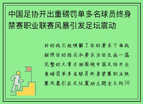 中国足协开出重磅罚单多名球员终身禁赛职业联赛风暴引发足坛震动