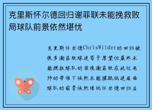 克里斯怀尔德回归谢菲联未能挽救败局球队前景依然堪忧