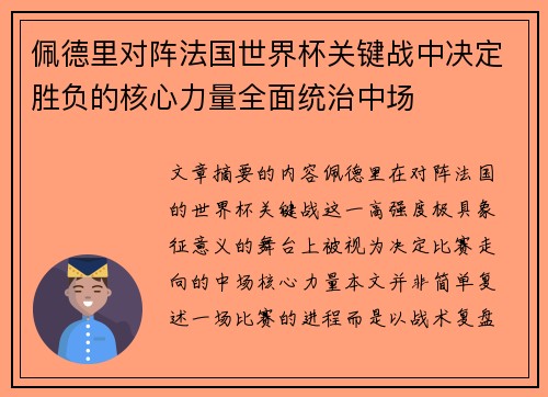 佩德里对阵法国世界杯关键战中决定胜负的核心力量全面统治中场